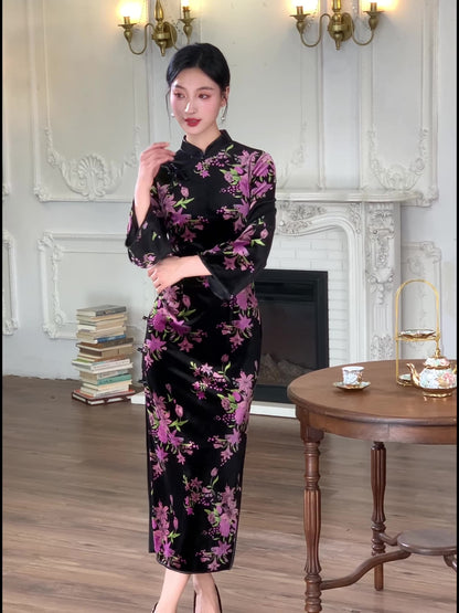 Purple Floral Cheongsam – Fall & Winter Style