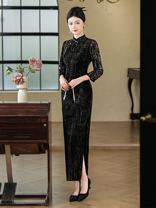 Black BambooGold Foil Cheongsam – Fall & Winter Style