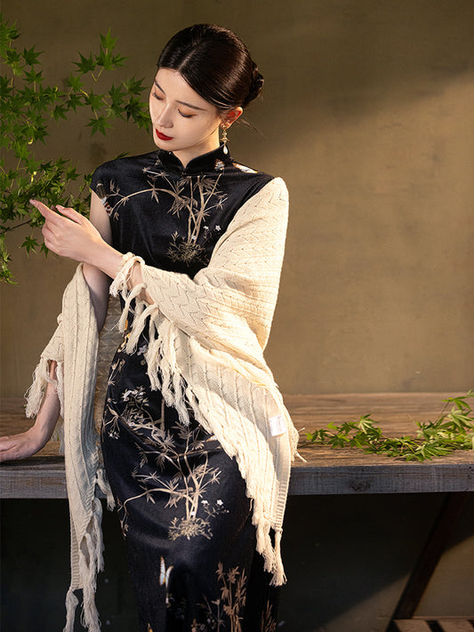 Black Butterfly Bamboo Shawl Cheongsam– Fall & Winter Style