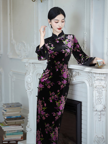 Purple Floral Cheongsam – Fall & Winter Style