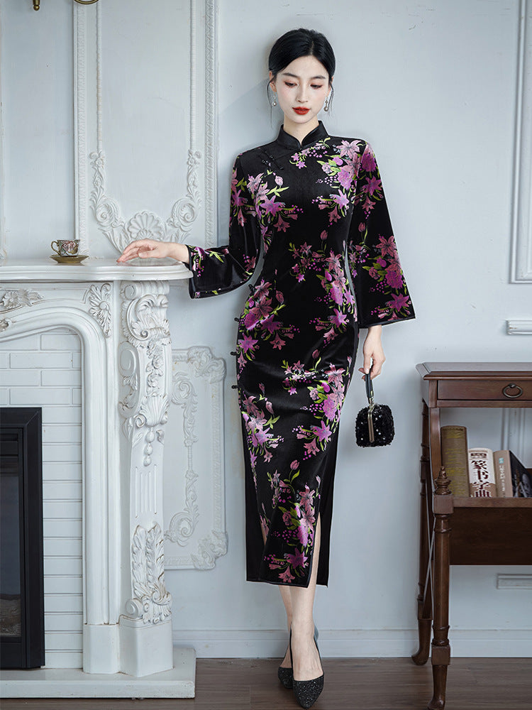 Purple Floral Cheongsam – Fall & Winter Style