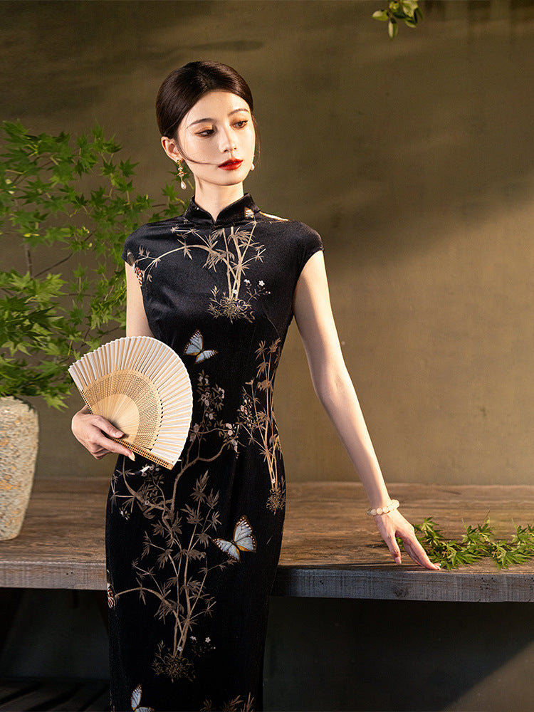 Black Butterfly Bamboo Shawl Cheongsam– Fall & Winter Style