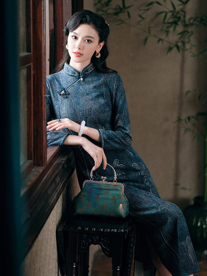 [Limited Edition]Dark Blue Ribbed Cheongsam – Fall & Winter Style