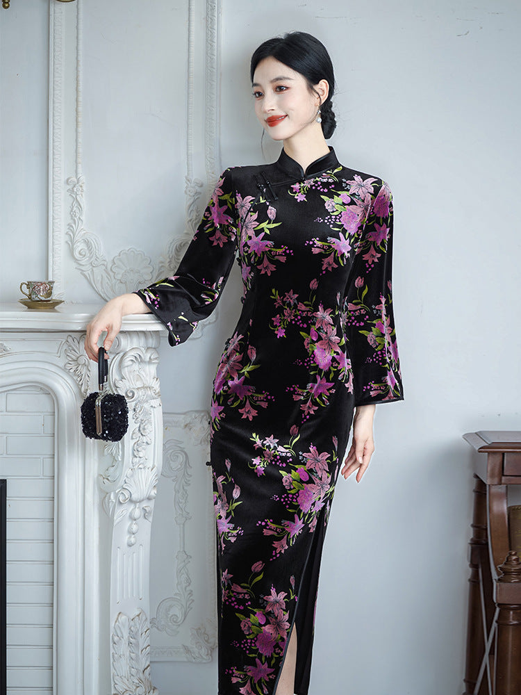 Purple Floral Cheongsam – Fall & Winter Style