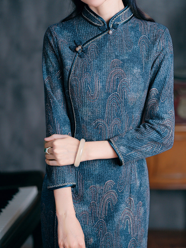 [Limited Edition]Dark Blue Ribbed Cheongsam – Fall & Winter Style