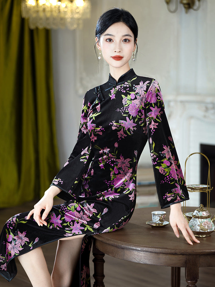 Purple Floral Cheongsam – Fall & Winter Style