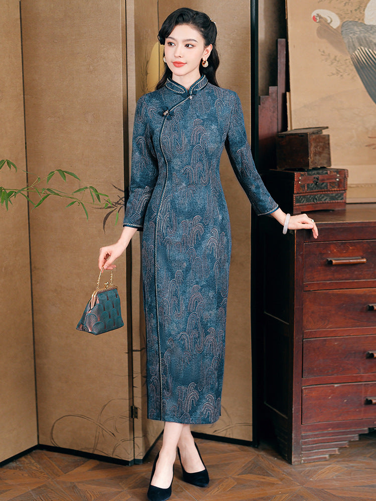 [Limited Edition]Dark Blue Ribbed Cheongsam – Fall & Winter Style