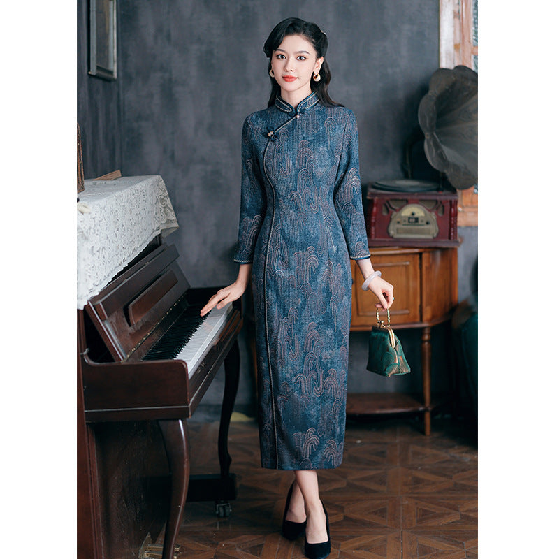 [Limited Edition]Dark Blue Ribbed Cheongsam – Fall & Winter Style