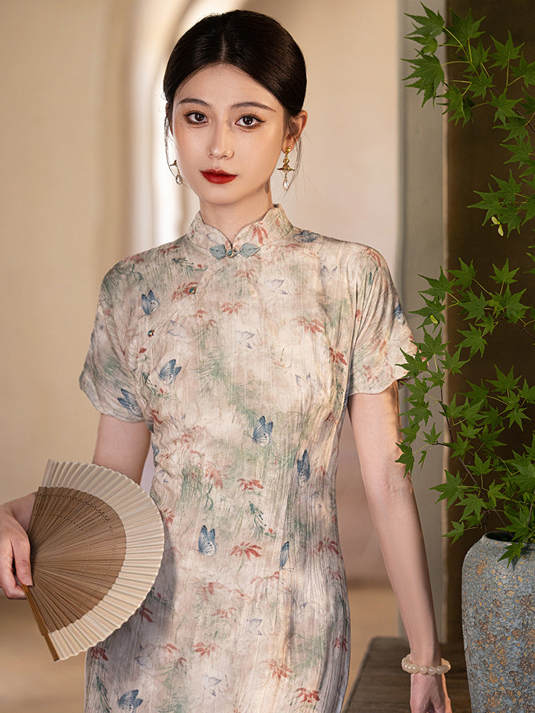 Beige Butterfly Landscape Cheongsam– Fall & Winter Style