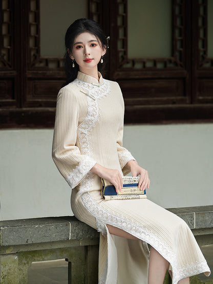 Beige Long Cheongsam– Fall & Winter Style