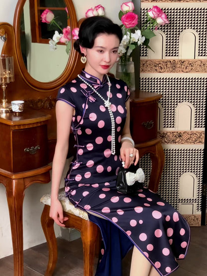 Black Pink Circle Silk Cheongsam – Spring & Summer Style