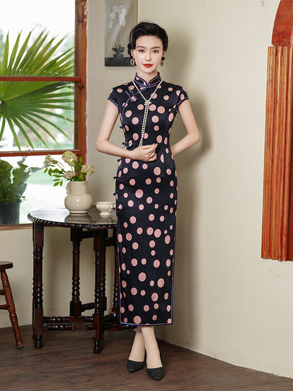 Black Pink Circle Silk Cheongsam – Spring & Summer Style