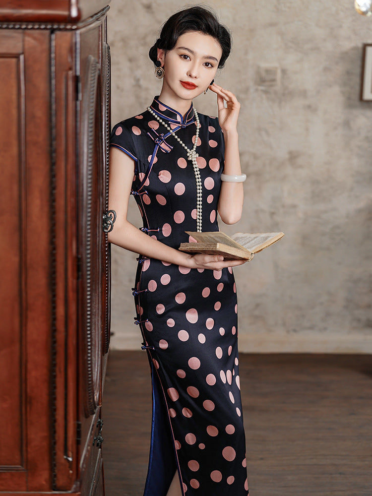 Black Pink Circle Silk Cheongsam – Spring & Summer Style