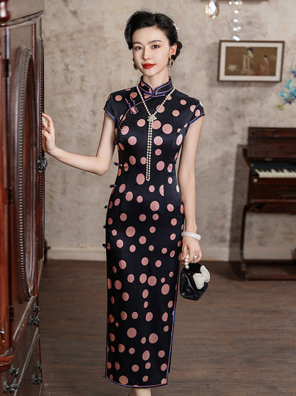 Black Pink Circle Silk Cheongsam – Spring & Summer Style