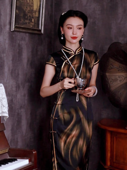 Black Stripe Silk Cheongsam – Spring & Summer Style