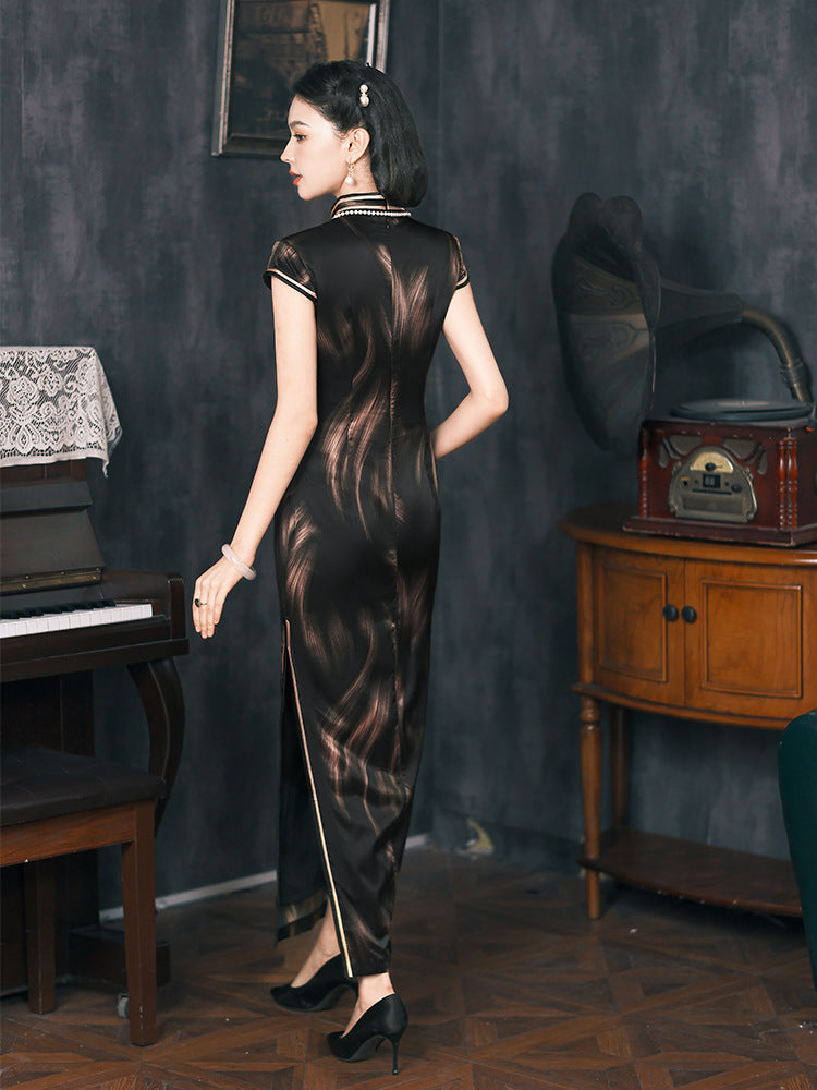 Black Stripe Silk Cheongsam – Spring & Summer Style