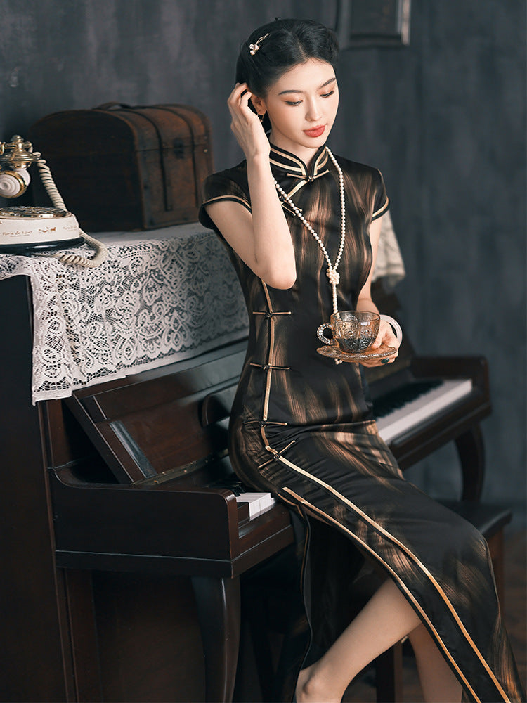 Black Stripe Silk Cheongsam – Spring & Summer Style