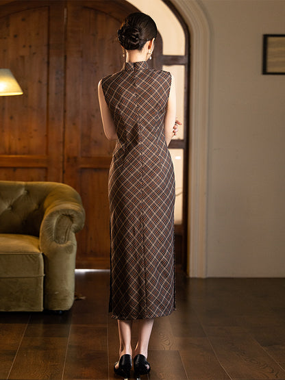 Brown Checkered Cheongsam– Fall & Winter Style