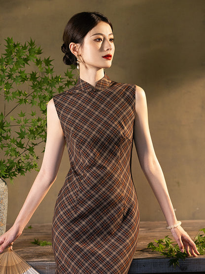 Brown Checkered Cheongsam– Fall & Winter Style