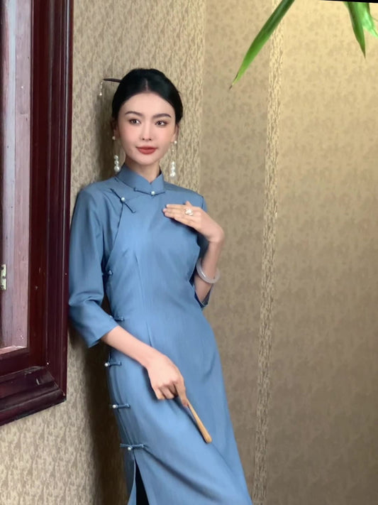 Ocean Blue Cheongsam– Fall & Winter Style