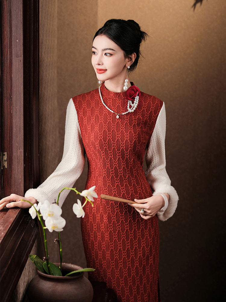 Red 3D Design Cheongsam– Fall & Winter Style