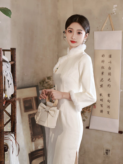 White Fur Collar  Cheongsam– Fall & Winter Style