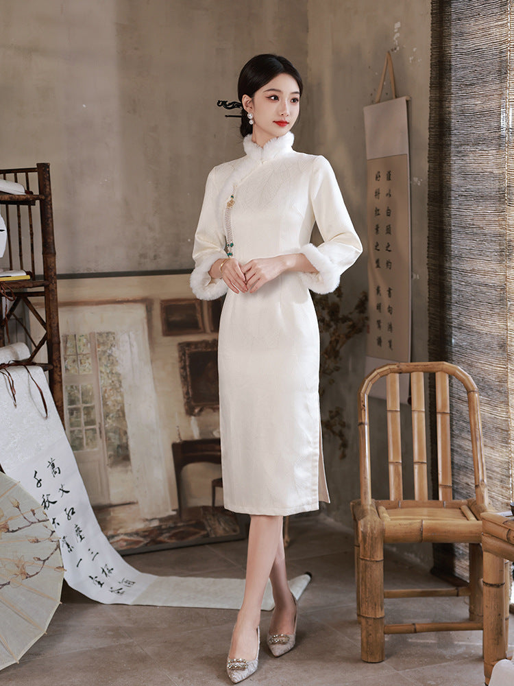 White Fur Collar  Cheongsam– Fall & Winter Style