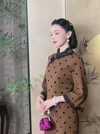 Brown with Black Dots Cheongsam– Fall & Winter Style