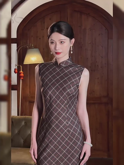 Brown Checkered Cheongsam– Fall & Winter Style