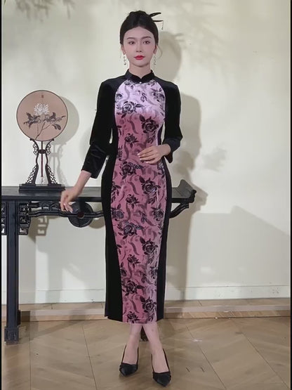 Pink with Black Flowers Cheongsam– Fall & Winter Style