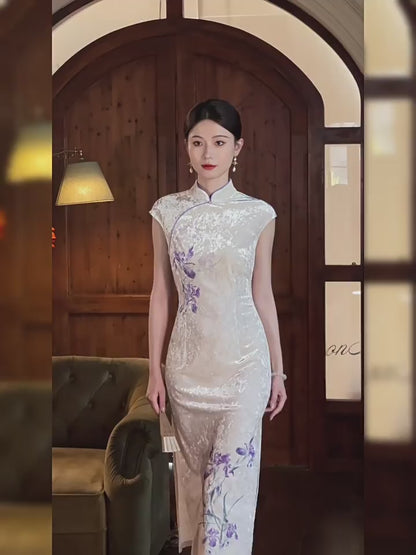 White Purple Floral Cheongsam– Fall & Winter Style