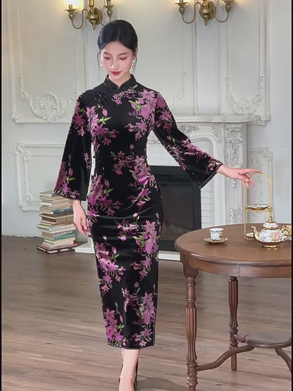 Purple Floral Cheongsam – Fall & Winter Style