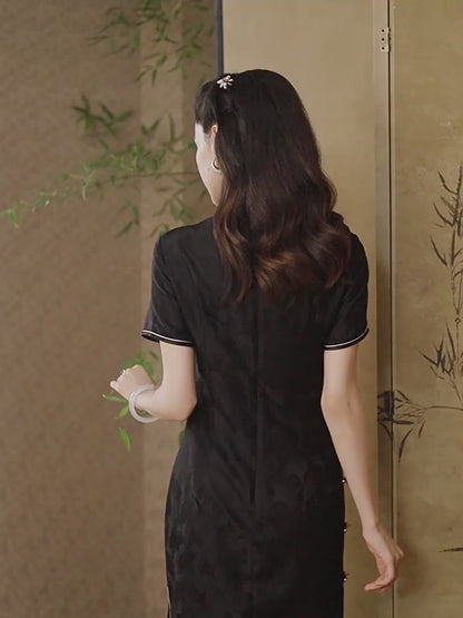 Black Ginkgo Leaves Silk Cheongsam – Spring & Summer Style