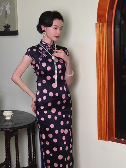 Black Pink Circle Silk Cheongsam – Spring & Summer Style