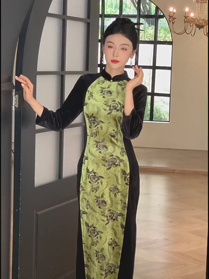 Green Ink Floral Cheongsam– Fall & Winter Style