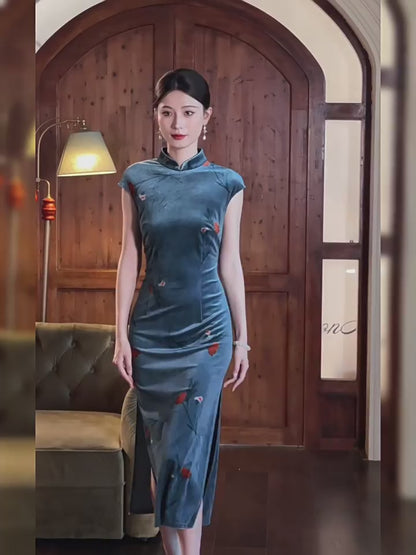 Slate Blue Vintage Cheongsam – Fall & Winter Style